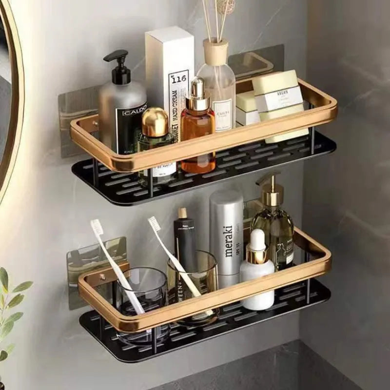 Estante de baño montado en pared detalle dorado